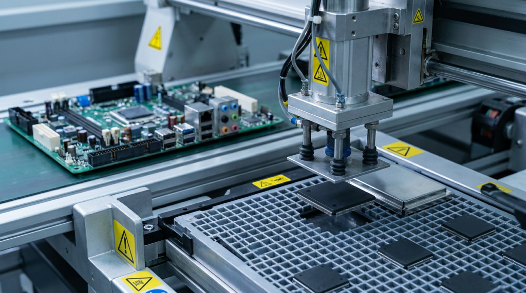 Figure 2: Panasonic NPM-TT2 head picking a large BGA chip from the Twin Tray feeder for high-precision odd-form mounting.